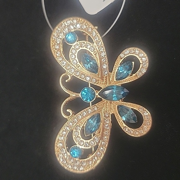 Urban Outfitters Gold Butterfly Pin with Teal and Clear Stones NWT - Picture 2 of 3
